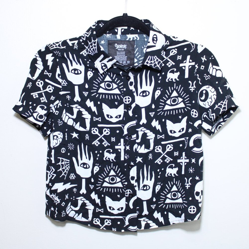 Women All Seeing Eye Illuminati Skulls Streetwear Button-up T-shirt Black S NWOT